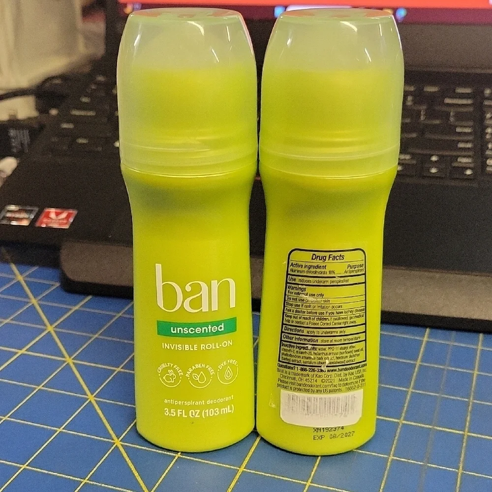 Lot of 2 Ban Unscented Invisible Roll-On Deodorant 103ml Each